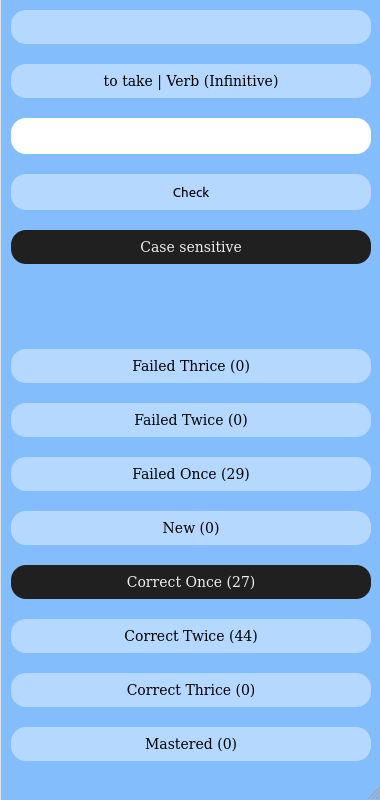 Top view of App showing testing area and vocabulary boxes below